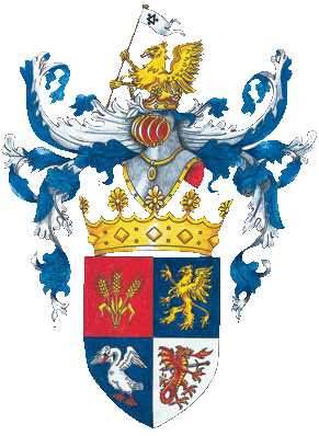 Das Wappen des K&ouml;nigreichs Wenzingen. Der Schild ist geviert, rechtes Obereck in Rot,
		belegt mit drei goldenenen &Auml;hren. Das linke Obereck in Blau, belegt mit einem goldenen Greifen, rechtsblickend. Das rechte Untereck ist blau, belegt
		mit einem weißen Schwan. Das linke Untereck in wei&szlig;, belegt mit einem feuerspeienden stehenden Drachen, welcher von einem Schwert durchbohrt ist,
		linksblickend.